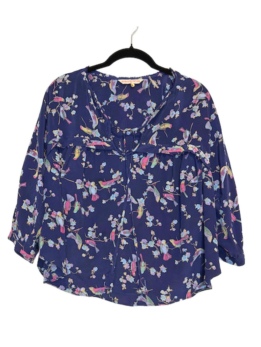 Rebecca Taylor Navy Silk Bird Print Boho Peasant Blouse Tassel Neck Size 2